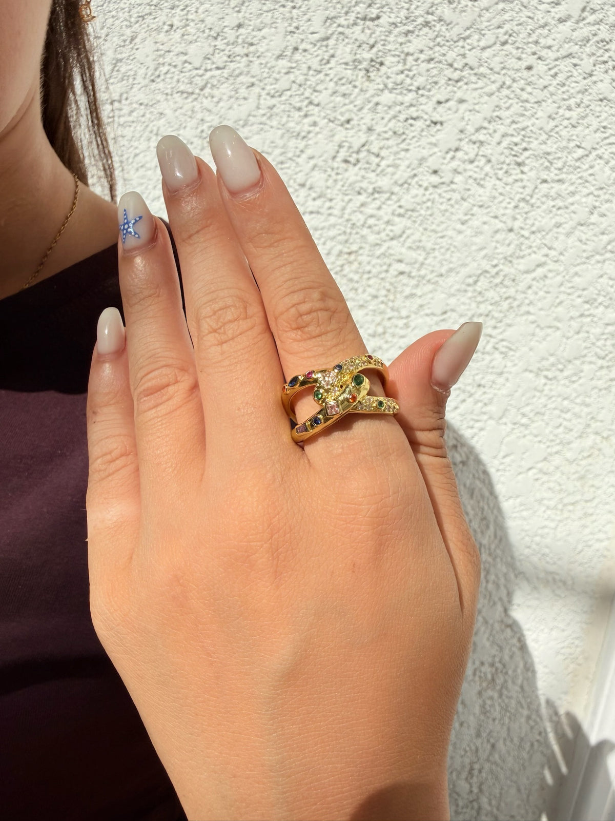 Multicolor Gem Cross Gold Ring